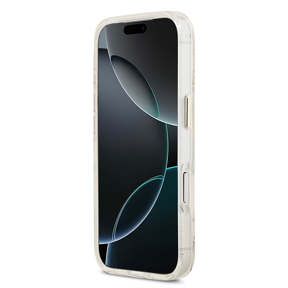 Apple iPhone 17 Pro Max Kılıf Guess M-safe Şarj Özellikli Simli Çiçek Desenli Üçgen Logolu Kapak Beyaz