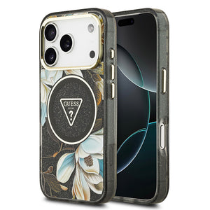 Apple iPhone 17 Pro Max Kılıf Guess M-safe Şarj Özellikli Simli Çiçek Desenli Üçgen Logolu Kapak Siyah