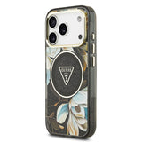 Apple iPhone 17 Pro Max Kılıf Guess M-safe Şarj Özellikli Simli Çiçek Desenli Üçgen Logolu Kapak Siyah