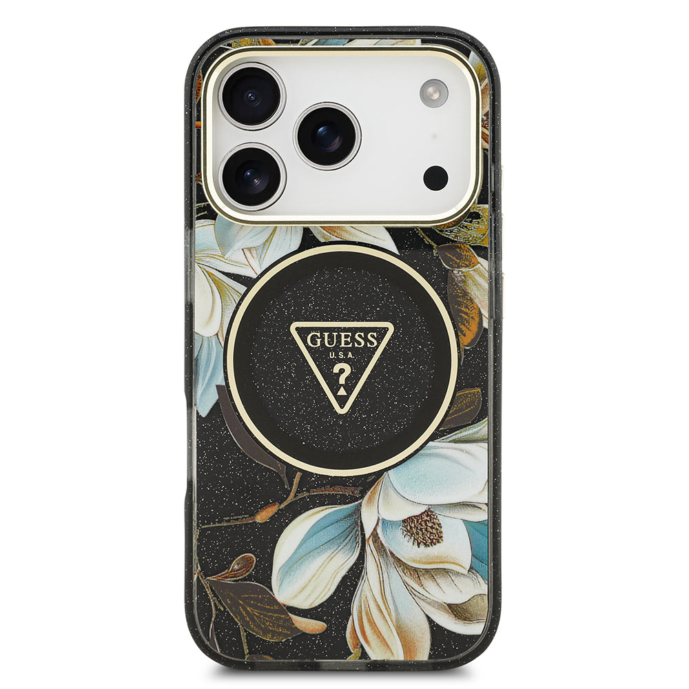 Apple iPhone 17 Pro Max Kılıf Guess M-safe Şarj Özellikli Simli Çiçek Desenli Üçgen Logolu Kapak Siyah