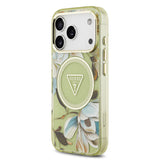 Apple iPhone 17 Pro Max Kılıf Guess M-safe Şarj Özellikli Simli Çiçek Desenli Üçgen Logolu Kapak Yeşil
