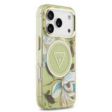 Apple iPhone 17 Pro Max Kılıf Guess M-safe Şarj Özellikli Simli Çiçek Desenli Üçgen Logolu Kapak Yeşil