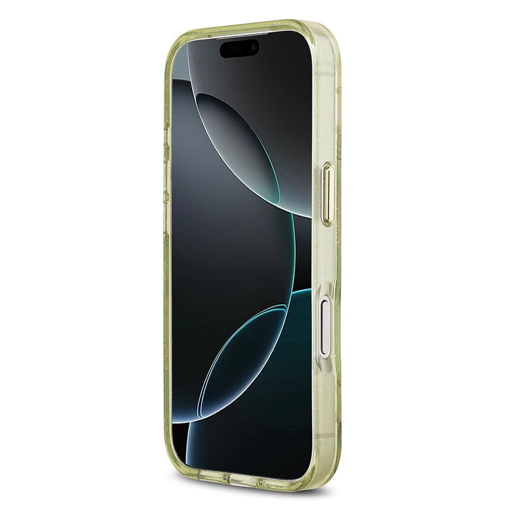 Apple iPhone 17 Pro Max Kılıf Guess M-safe Şarj Özellikli Simli Çiçek Desenli Üçgen Logolu Kapak Yeşil