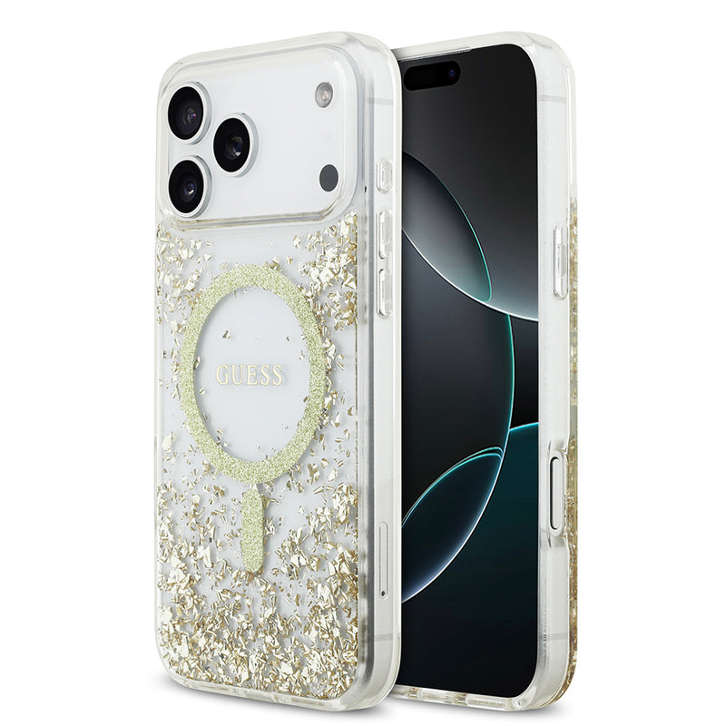 Apple iPhone 17 Pro Max Kılıf Guess M-safe Şarj Özellikli Transparan Resin Bottom Pullu Kapak Gold