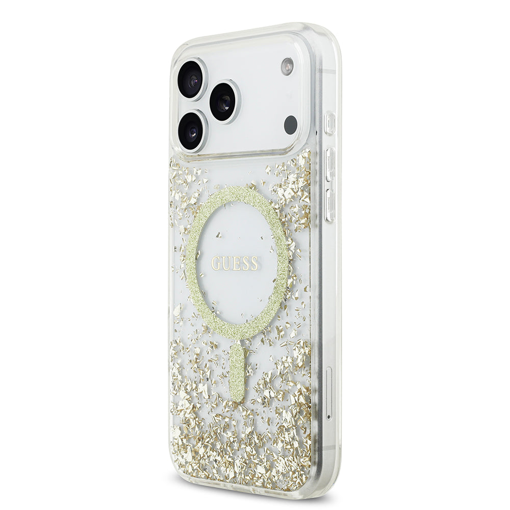 Apple iPhone 17 Pro Max Kılıf Guess M-safe Şarj Özellikli Transparan Resin Bottom Pullu Kapak Gold