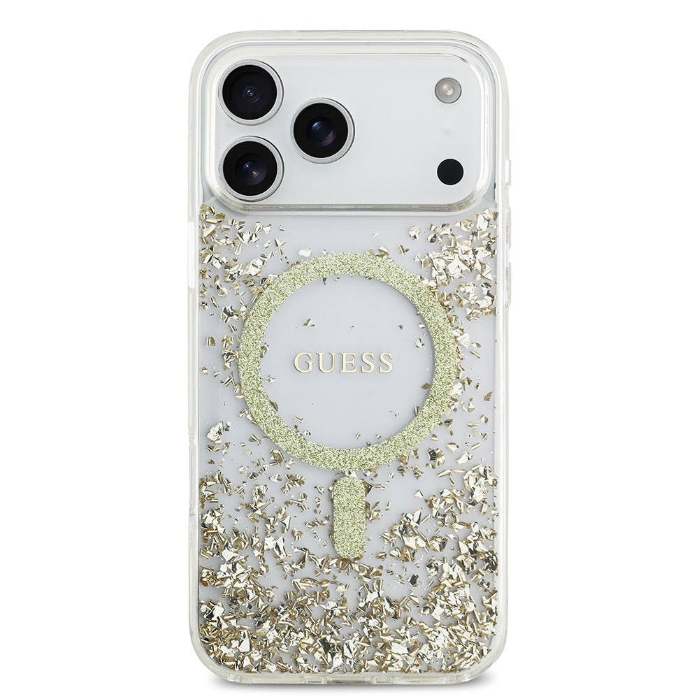 Apple iPhone 17 Pro Max Kılıf Guess M-safe Şarj Özellikli Transparan Resin Bottom Pullu Kapak Gold
