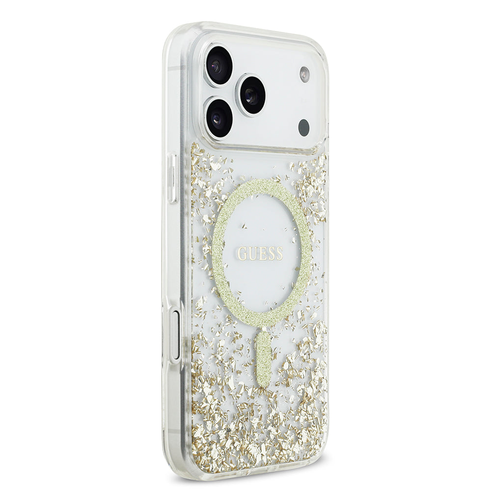 Apple iPhone 17 Pro Max Kılıf Guess M-safe Şarj Özellikli Transparan Resin Bottom Pullu Kapak Gold