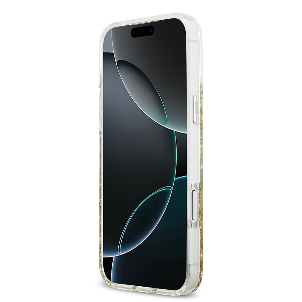 Apple iPhone 17 Pro Max Kılıf Guess M-safe Şarj Özellikli Transparan Resin Bottom Pullu Kapak Gold