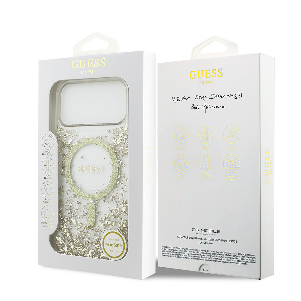 Apple iPhone 17 Pro Max Kılıf Guess M-safe Şarj Özellikli Transparan Resin Bottom Pullu Kapak Gold