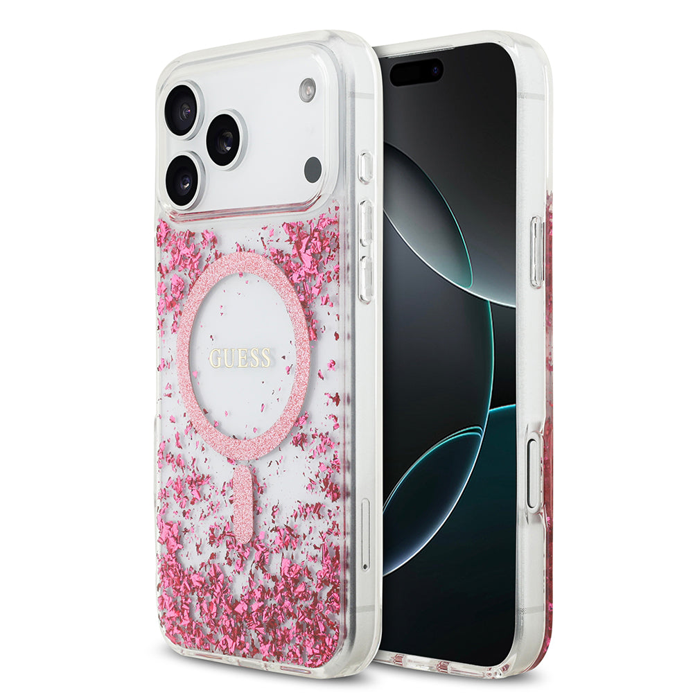 Apple iPhone 17 Pro Max Kılıf Guess M-safe Şarj Özellikli Transparan Resin Bottom Pullu Kapak Pembe