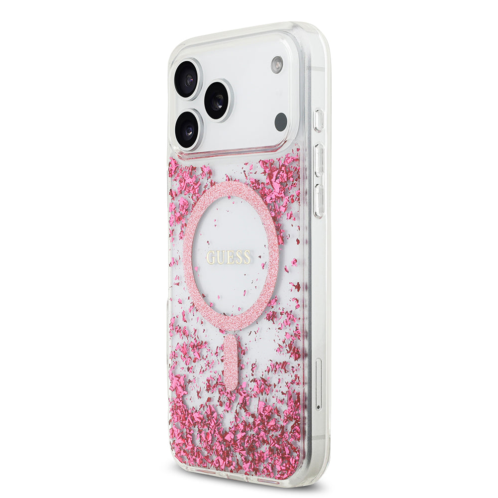 Apple iPhone 17 Pro Max Kılıf Guess M-safe Şarj Özellikli Transparan Resin Bottom Pullu Kapak Pembe