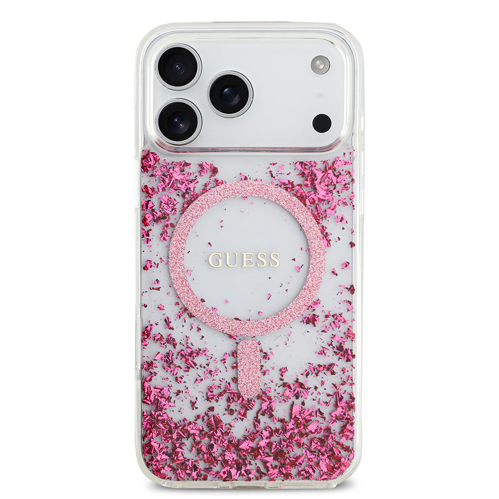 Apple iPhone 17 Pro Max Kılıf Guess M-safe Şarj Özellikli Transparan Resin Bottom Pullu Kapak Pembe