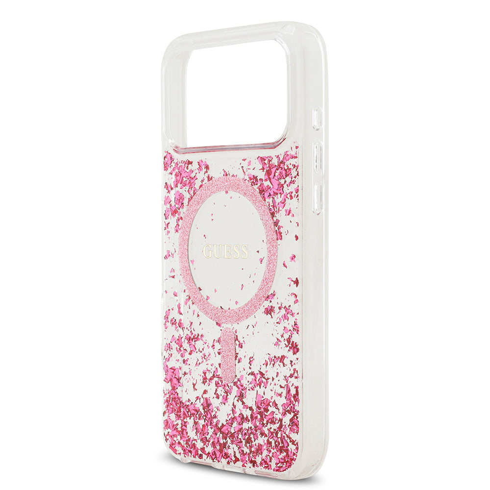 Apple iPhone 17 Pro Max Kılıf Guess M-safe Şarj Özellikli Transparan Resin Bottom Pullu Kapak Pembe