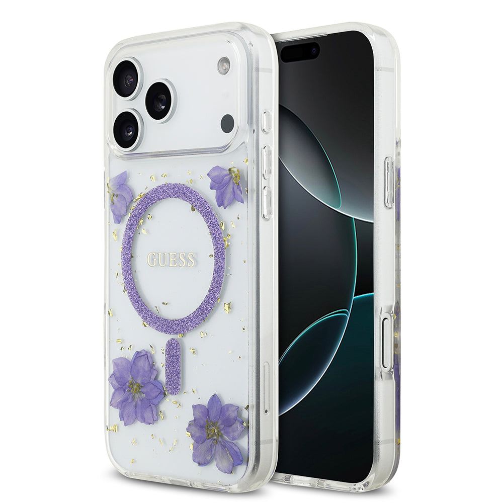 Apple iPhone 17 Pro Max Kılıf Guess M-safe Şarj Özellikli Transparan Resin Flowers Kapak Mor