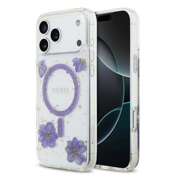 Apple iPhone 17 Pro Max Kılıf Guess M-safe Şarj Özellikli Transparan Resin Flowers Kapak Mor