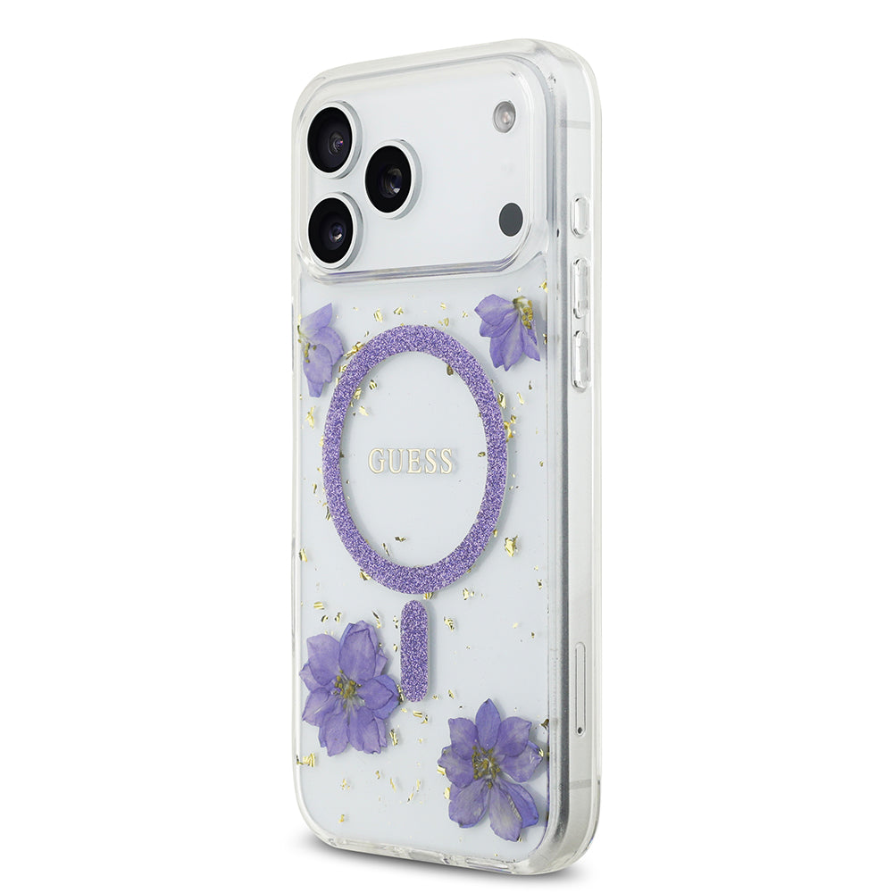 Apple iPhone 17 Pro Max Kılıf Guess M-safe Şarj Özellikli Transparan Resin Flowers Kapak Mor