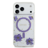 Apple iPhone 17 Pro Max Kılıf Guess M-safe Şarj Özellikli Transparan Resin Flowers Kapak Mor
