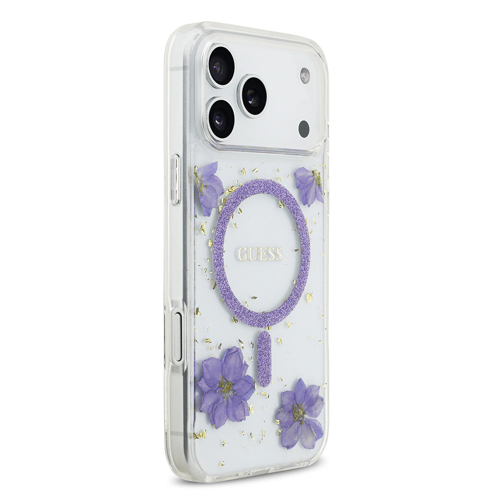 Apple iPhone 17 Pro Max Kılıf Guess M-safe Şarj Özellikli Transparan Resin Flowers Kapak Mor