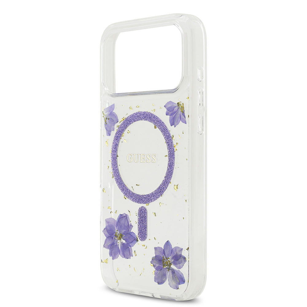 Apple iPhone 17 Pro Max Kılıf Guess M-safe Şarj Özellikli Transparan Resin Flowers Kapak Mor