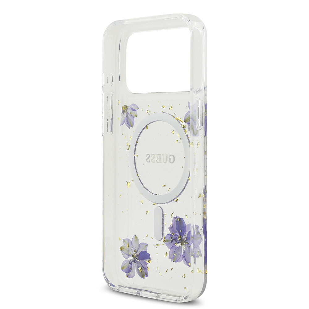 Apple iPhone 17 Pro Max Kılıf Guess M-safe Şarj Özellikli Transparan Resin Flowers Kapak Mor