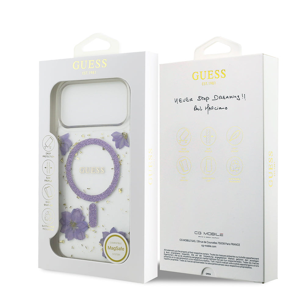 Apple iPhone 17 Pro Max Kılıf Guess M-safe Şarj Özellikli Transparan Resin Flowers Kapak Mor