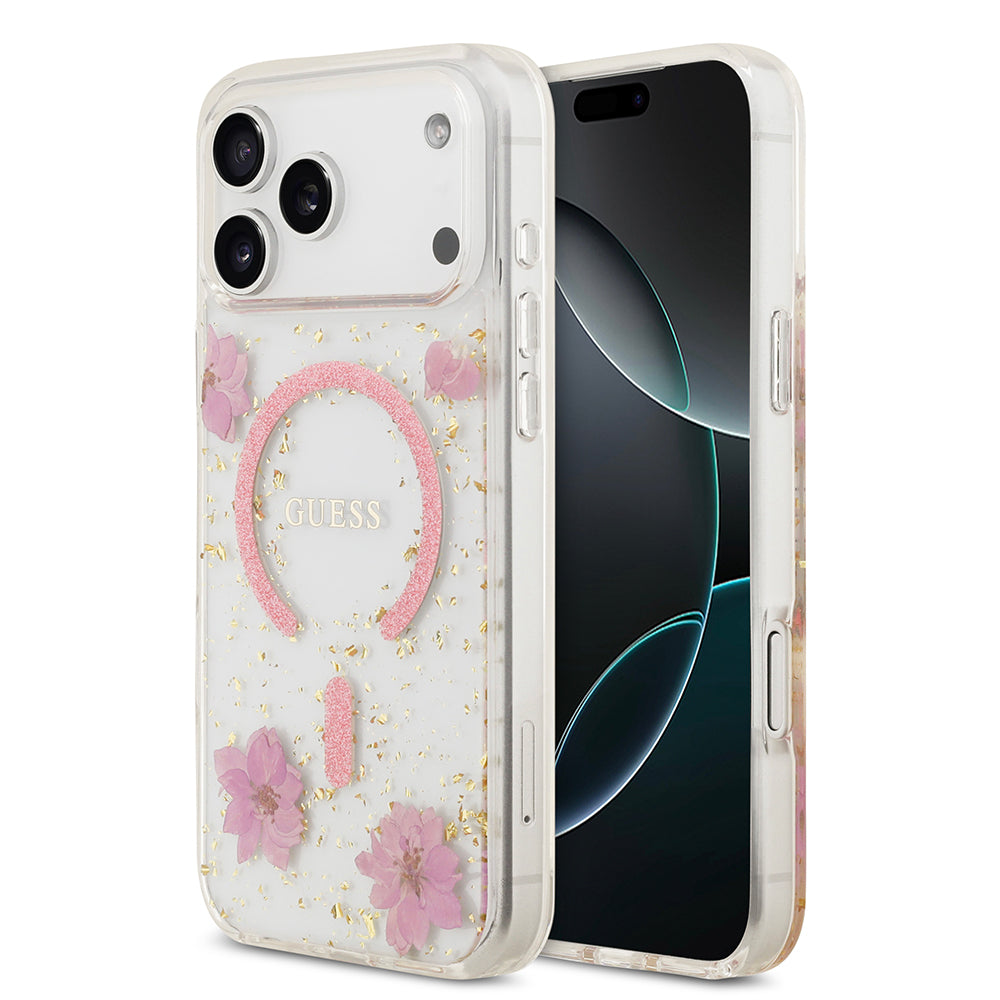 Apple iPhone 17 Pro Max Kılıf Guess M-safe Şarj Özellikli Transparan Resin Flowers Kapak Pembe