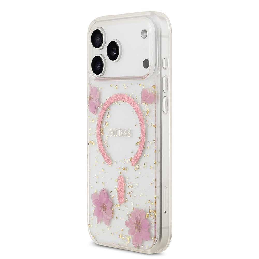 Apple iPhone 17 Pro Max Kılıf Guess M-safe Şarj Özellikli Transparan Resin Flowers Kapak Pembe