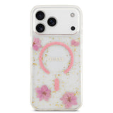 Apple iPhone 17 Pro Max Kılıf Guess M-safe Şarj Özellikli Transparan Resin Flowers Kapak Pembe