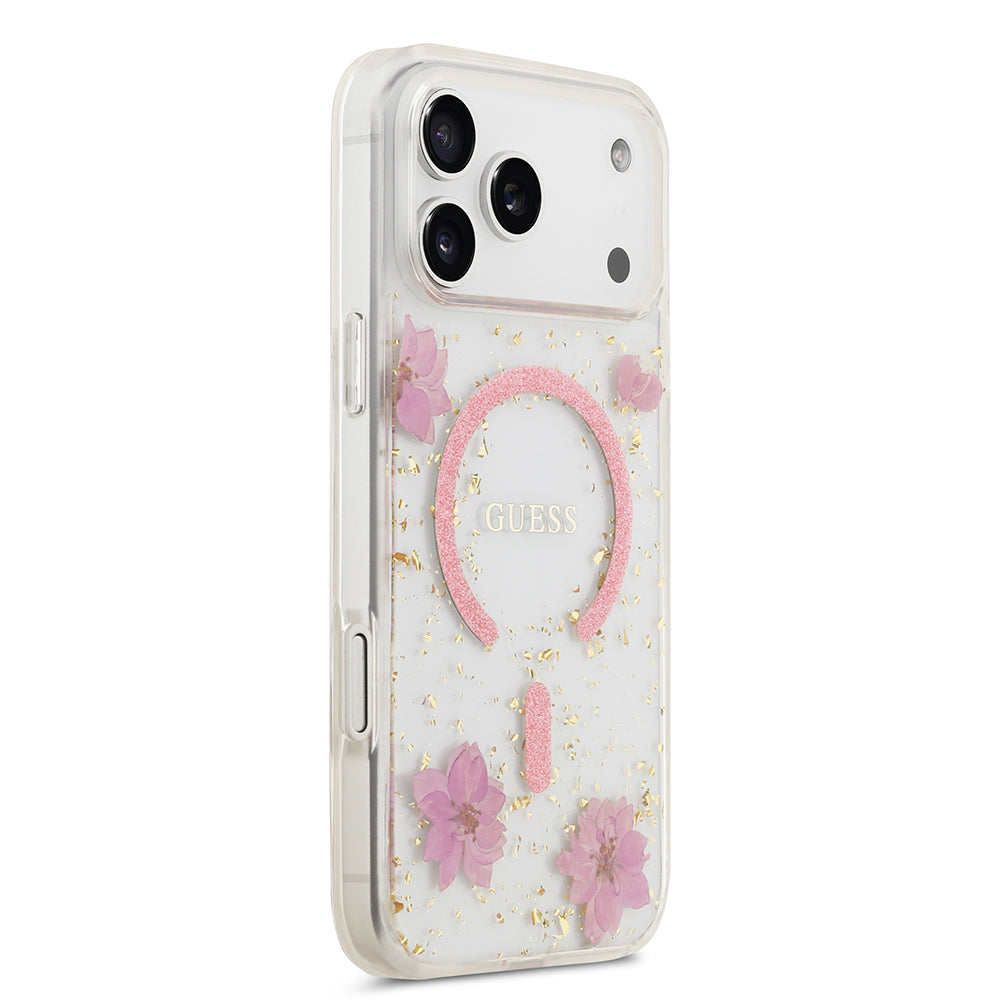 Apple iPhone 17 Pro Max Kılıf Guess M-safe Şarj Özellikli Transparan Resin Flowers Kapak Pembe