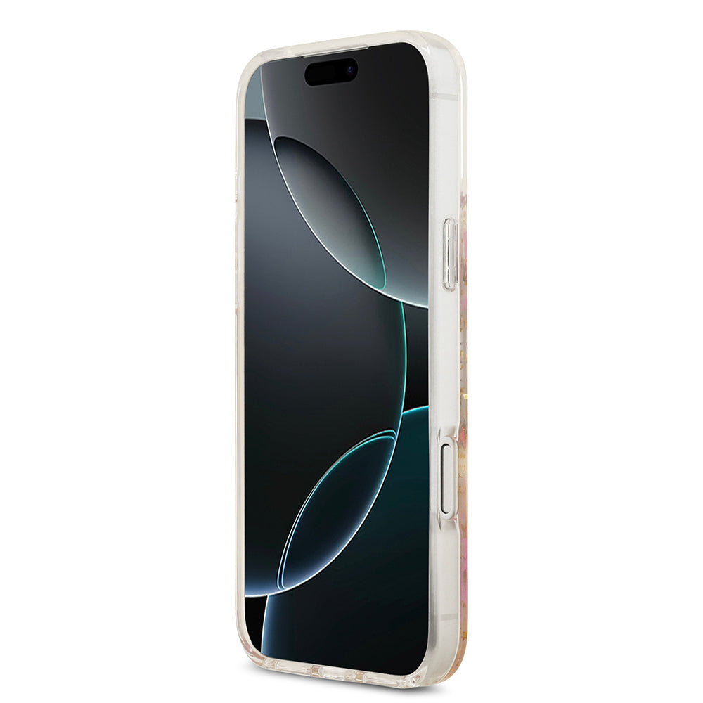 Apple iPhone 17 Pro Max Kılıf Guess M-safe Şarj Özellikli Transparan Resin Flowers Kapak Pembe