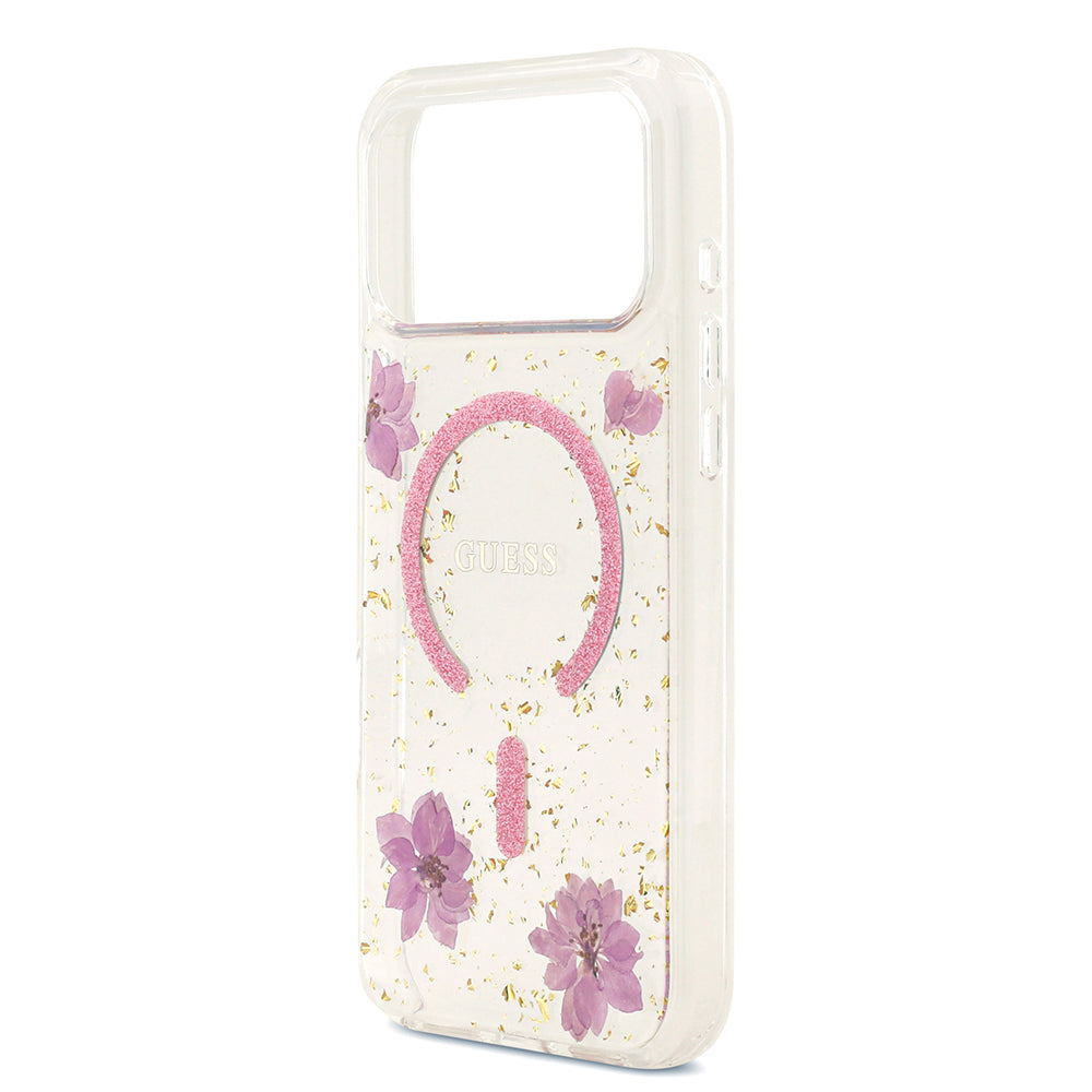 Apple iPhone 17 Pro Max Kılıf Guess M-safe Şarj Özellikli Transparan Resin Flowers Kapak Pembe