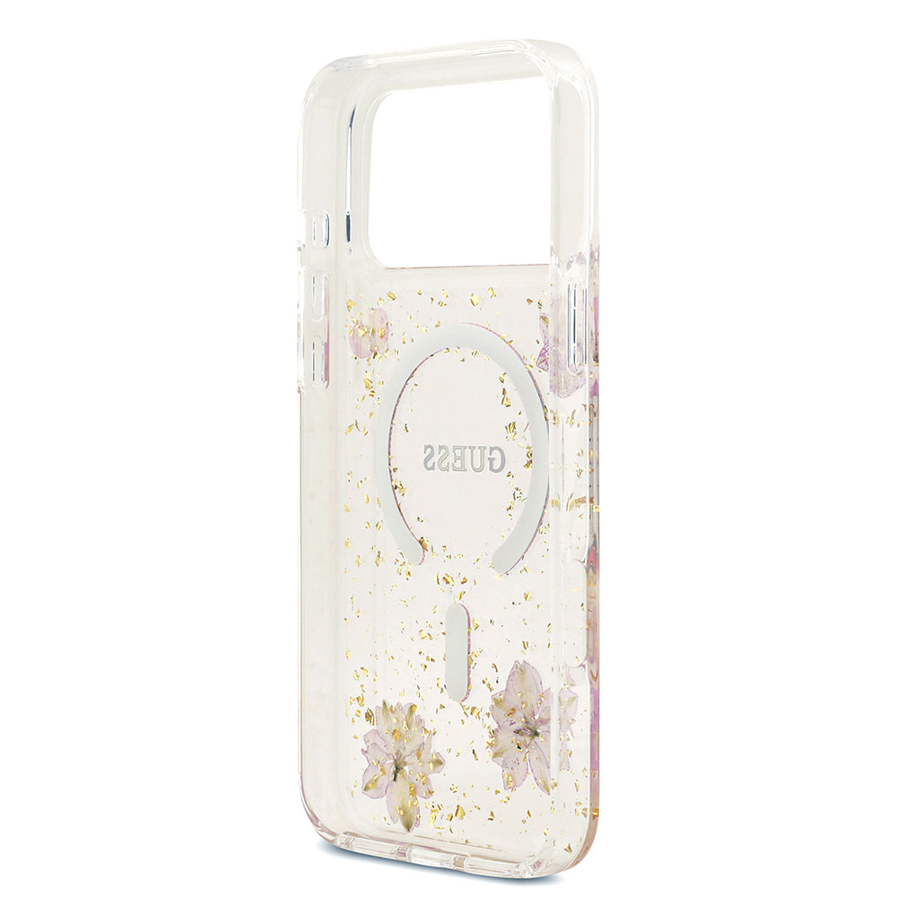 Apple iPhone 17 Pro Max Kılıf Guess M-safe Şarj Özellikli Transparan Resin Flowers Kapak Pembe