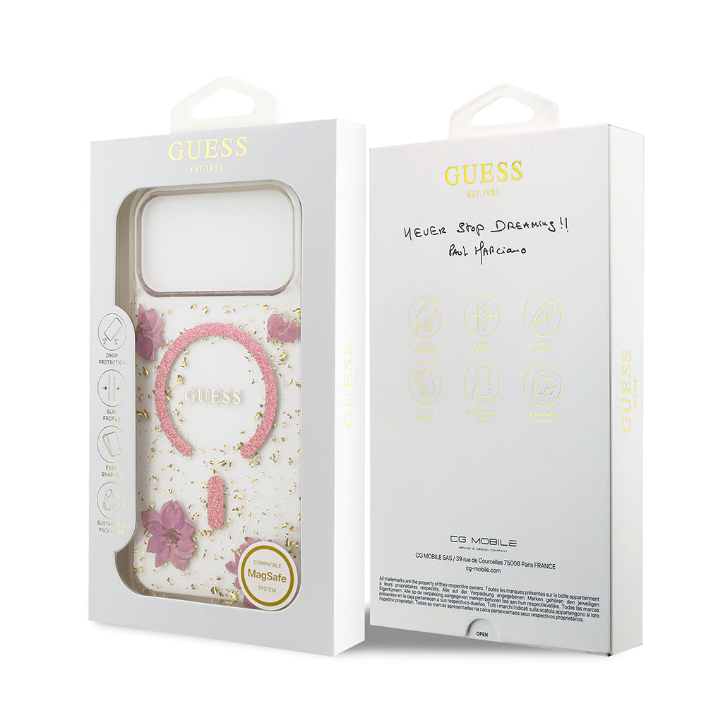Apple iPhone 17 Pro Max Kılıf Guess M-safe Şarj Özellikli Transparan Resin Flowers Kapak Pembe