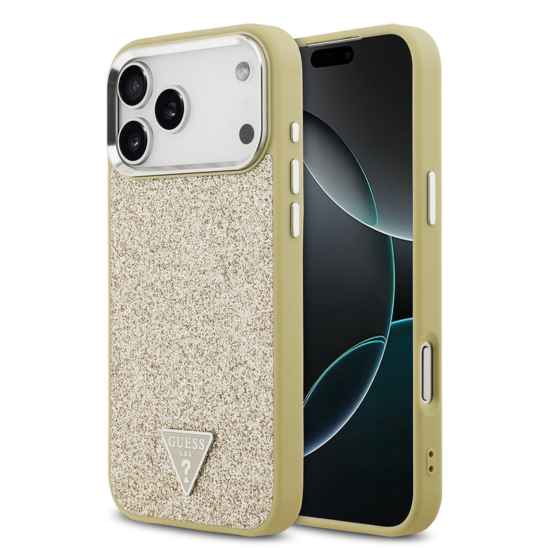 Apple iPhone 17 Pro Max Kılıf Guess M-safe Şarj Özellikli Üçgen Logolu Glitter Kapak Gold