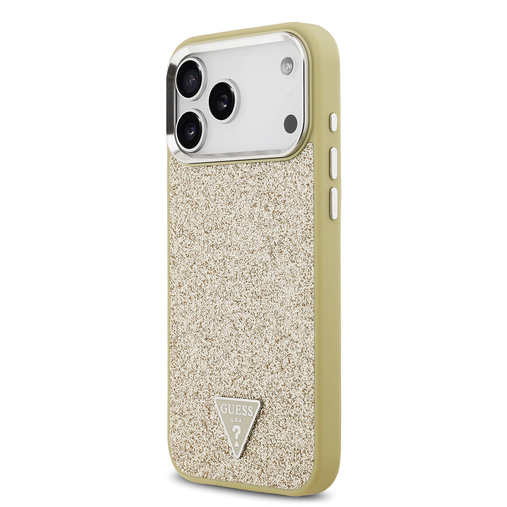 Apple iPhone 17 Pro Max Kılıf Guess M-safe Şarj Özellikli Üçgen Logolu Glitter Kapak Gold
