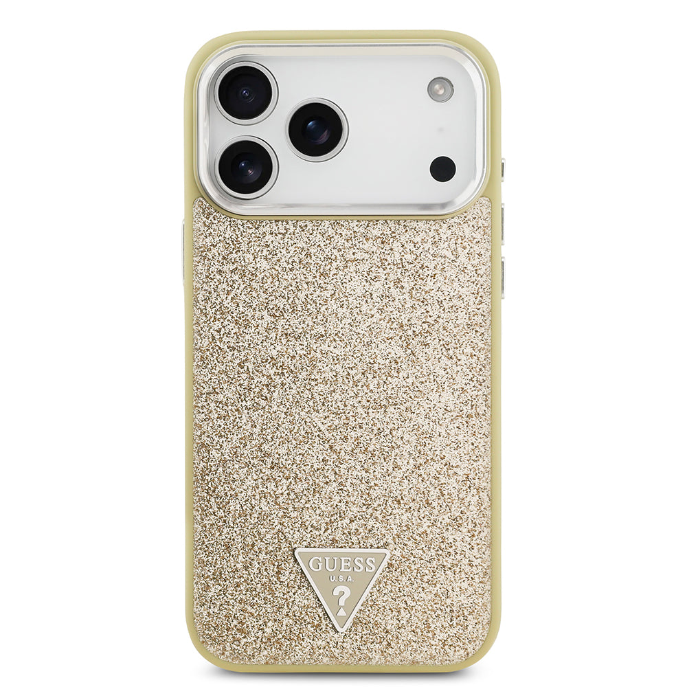 Apple iPhone 17 Pro Max Kılıf Guess M-safe Şarj Özellikli Üçgen Logolu Glitter Kapak Gold