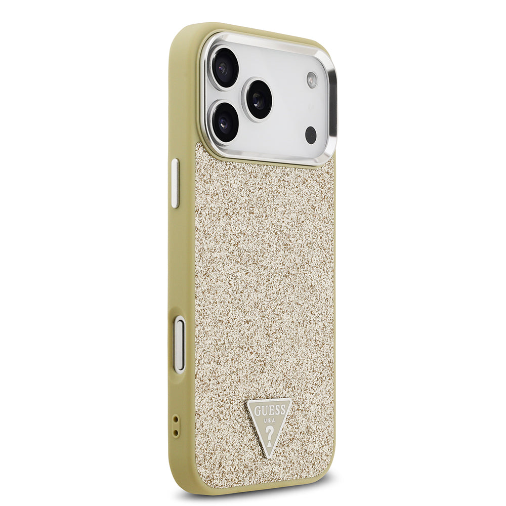 Apple iPhone 17 Pro Max Kılıf Guess M-safe Şarj Özellikli Üçgen Logolu Glitter Kapak Gold
