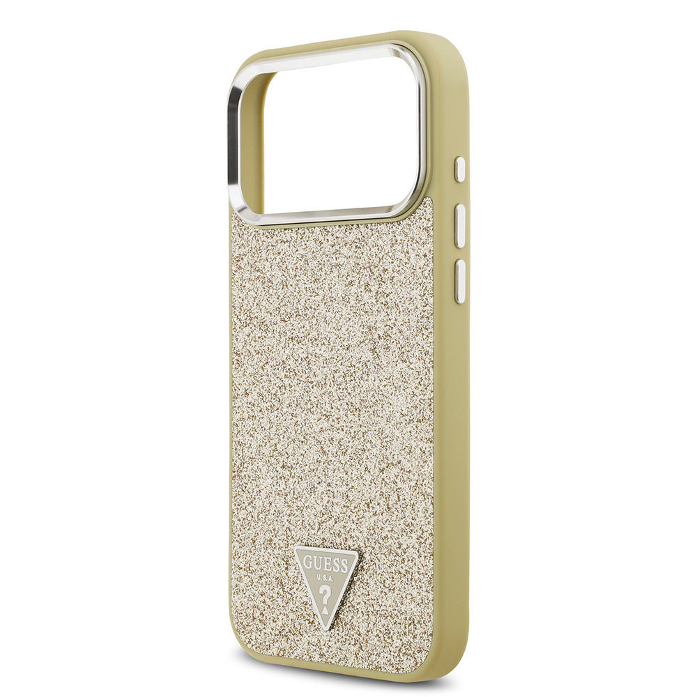 Apple iPhone 17 Pro Max Kılıf Guess M-safe Şarj Özellikli Üçgen Logolu Glitter Kapak Gold