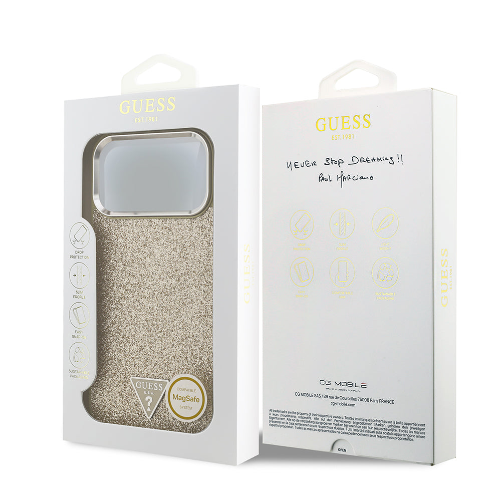 Apple iPhone 17 Pro Max Kılıf Guess M-safe Şarj Özellikli Üçgen Logolu Glitter Kapak Gold