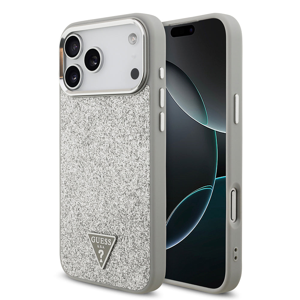 Apple iPhone 17 Pro Max Kılıf Guess M-safe Şarj Özellikli Üçgen Logolu Glitter Kapak Gri