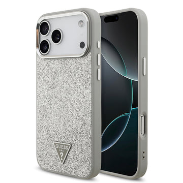 Apple iPhone 17 Pro Max Kılıf Guess M-safe Şarj Özellikli Üçgen Logolu Glitter Kapak Gri