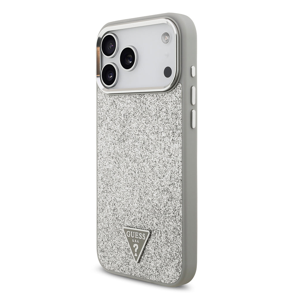 Apple iPhone 17 Pro Max Kılıf Guess M-safe Şarj Özellikli Üçgen Logolu Glitter Kapak Gri