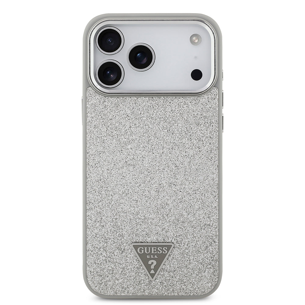 Apple iPhone 17 Pro Max Kılıf Guess M-safe Şarj Özellikli Üçgen Logolu Glitter Kapak Gri