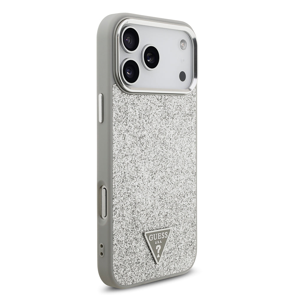 Apple iPhone 17 Pro Max Kılıf Guess M-safe Şarj Özellikli Üçgen Logolu Glitter Kapak Gri