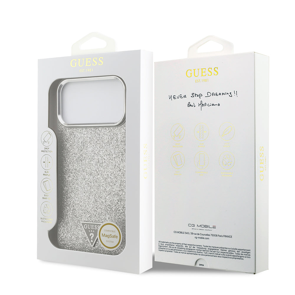 Apple iPhone 17 Pro Max Kılıf Guess M-safe Şarj Özellikli Üçgen Logolu Glitter Kapak Gri