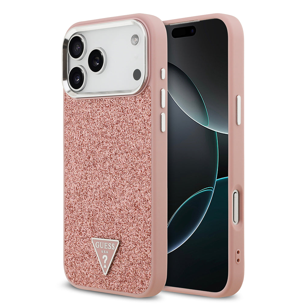 Apple iPhone 17 Pro Max Kılıf Guess M-safe Şarj Özellikli Üçgen Logolu Glitter Kapak Pembe