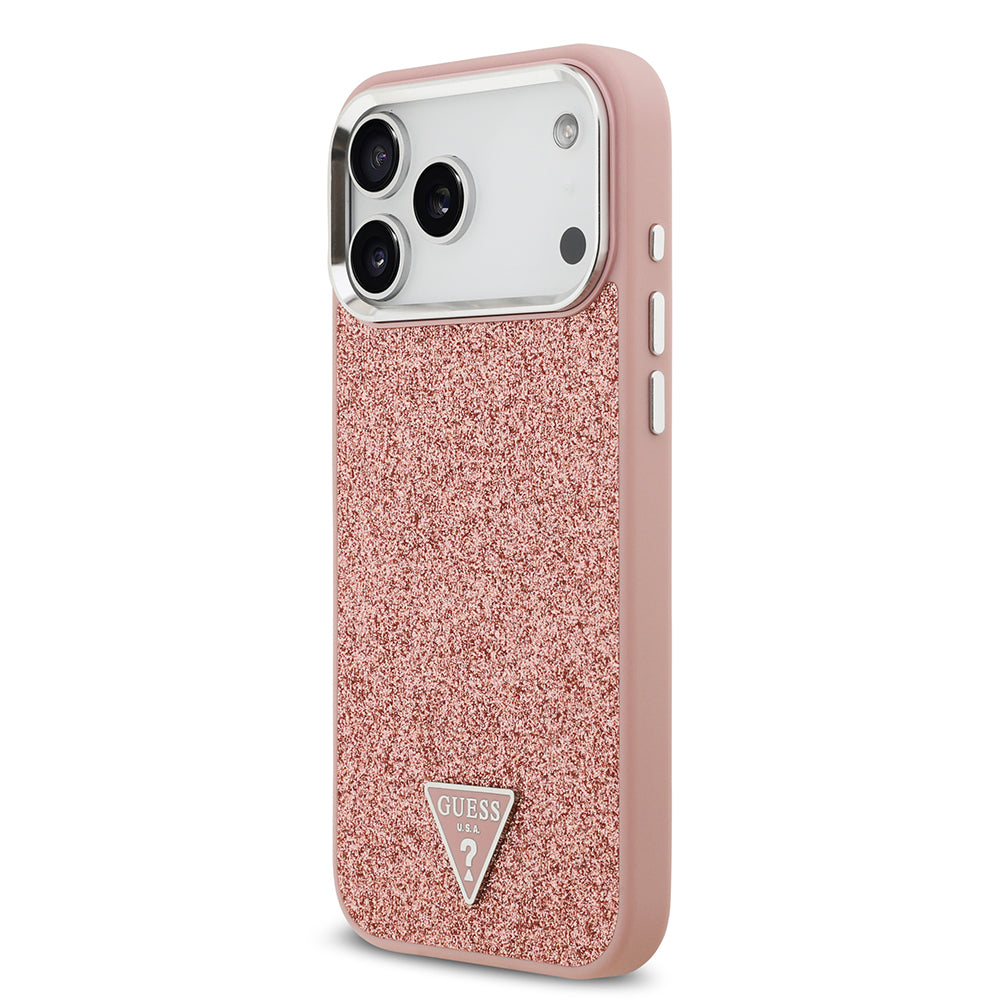 Apple iPhone 17 Pro Max Kılıf Guess M-safe Şarj Özellikli Üçgen Logolu Glitter Kapak Pembe