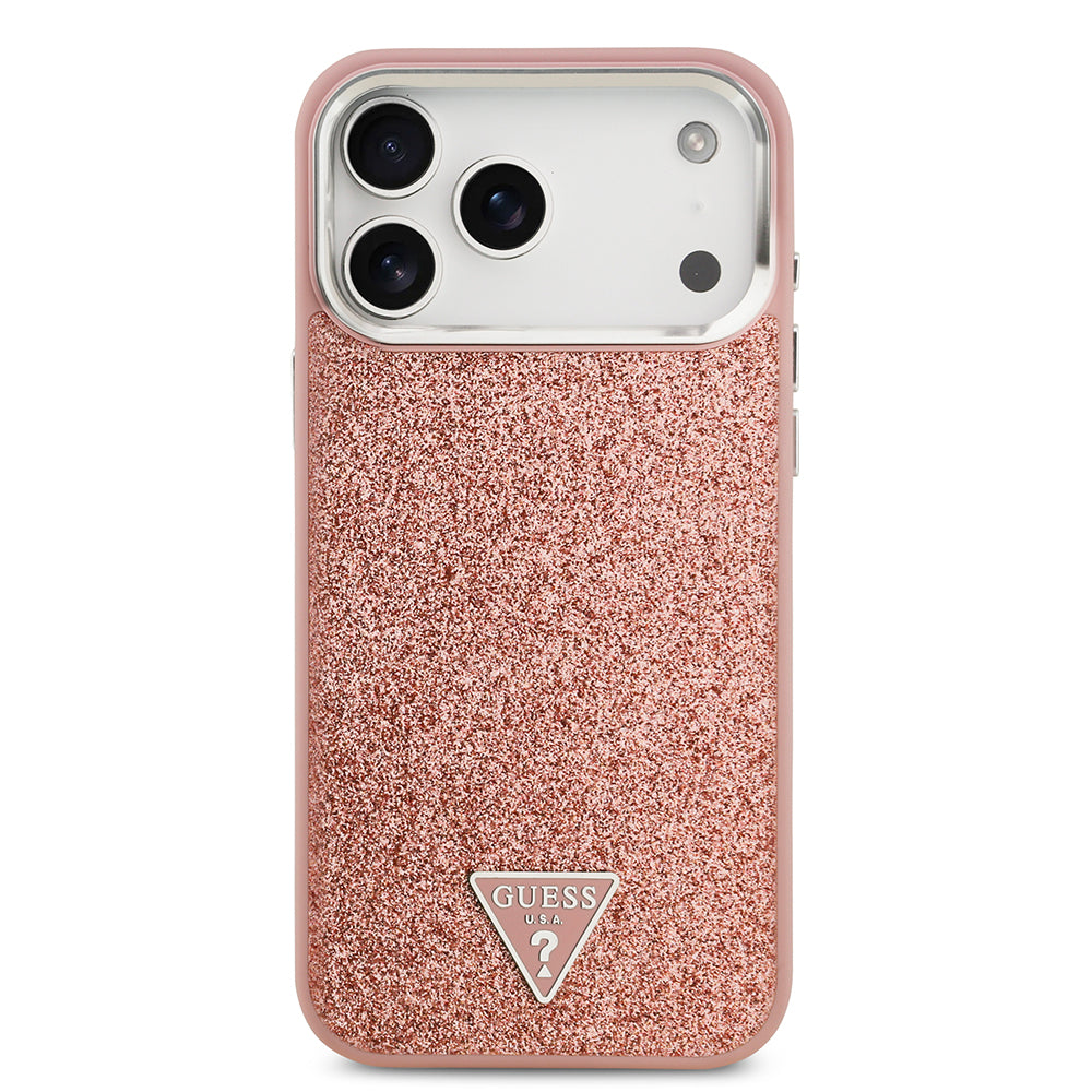 Apple iPhone 17 Pro Max Kılıf Guess M-safe Şarj Özellikli Üçgen Logolu Glitter Kapak Pembe