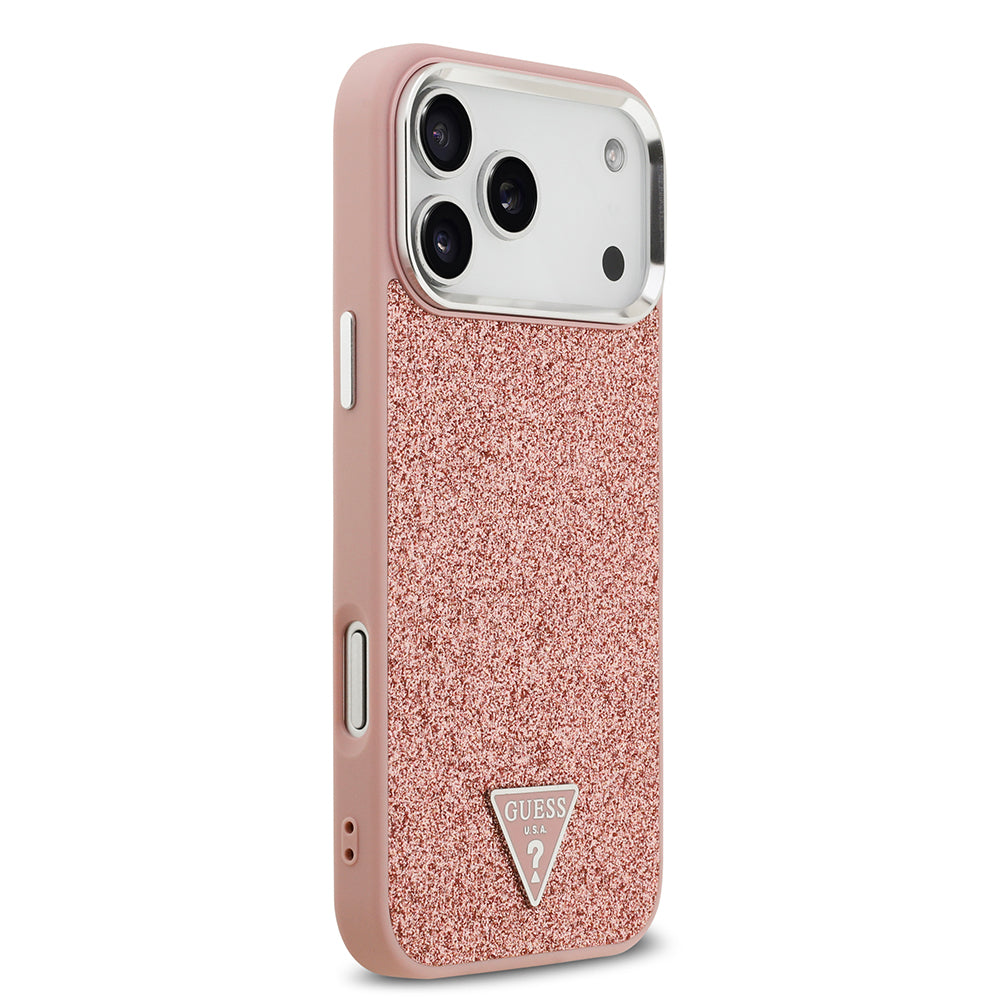 Apple iPhone 17 Pro Max Kılıf Guess M-safe Şarj Özellikli Üçgen Logolu Glitter Kapak Pembe