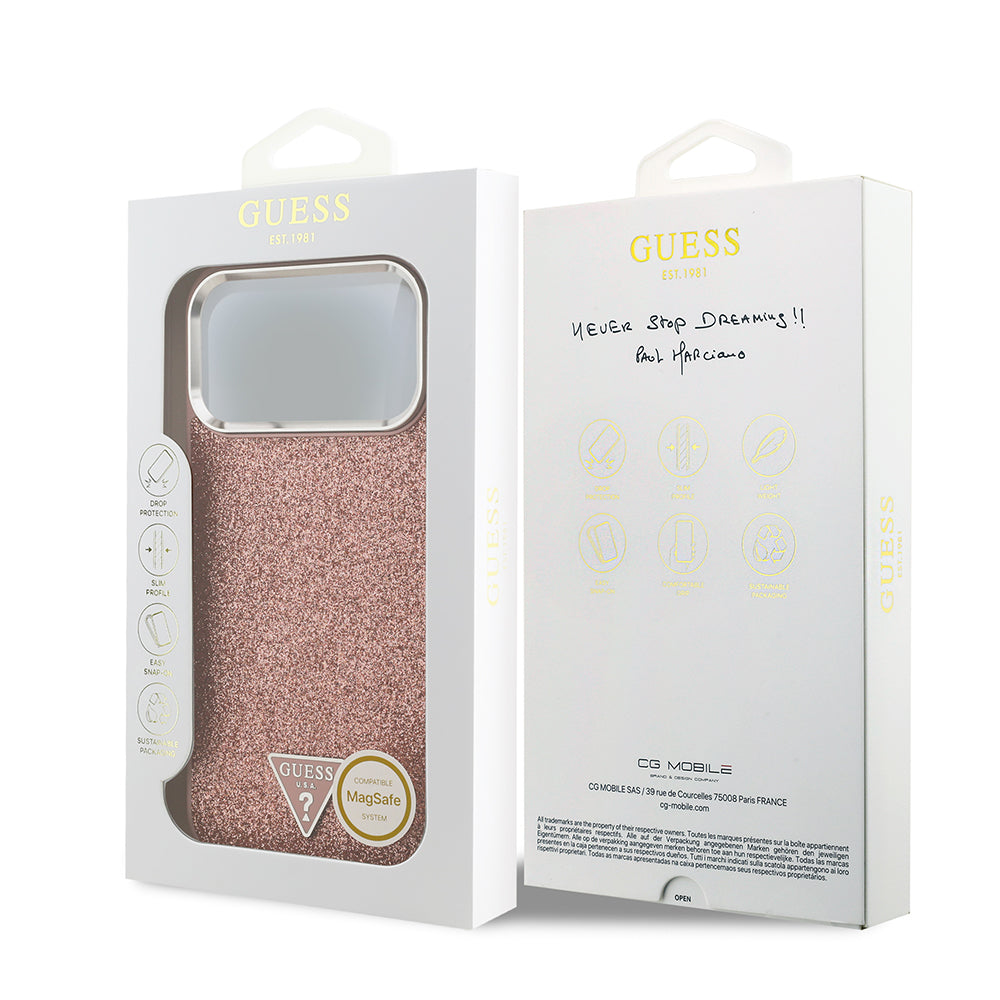 Apple iPhone 17 Pro Max Kılıf Guess M-safe Şarj Özellikli Üçgen Logolu Glitter Kapak Pembe